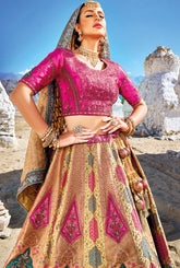 Pure gazzi satin banarasi lehenga with detailed indian aspired print handwork